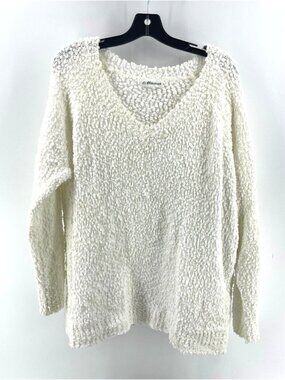 Macaroon Women's White V Neck Loose Knit Long Sleeve Sweater Size Small